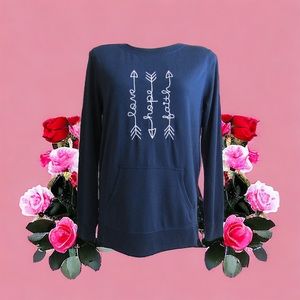 C. Wonder navy blue embroidered love faith hope long sleeve pouch top